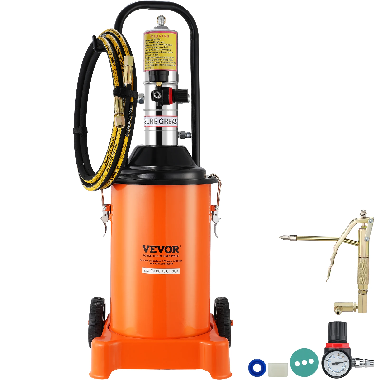 VEVOR 3Gal/12L Pneumatic Grease Pump with Wheels & 13ft High Pressure Hose Portable Grease Bucket Pump Lubrication Grease Pump