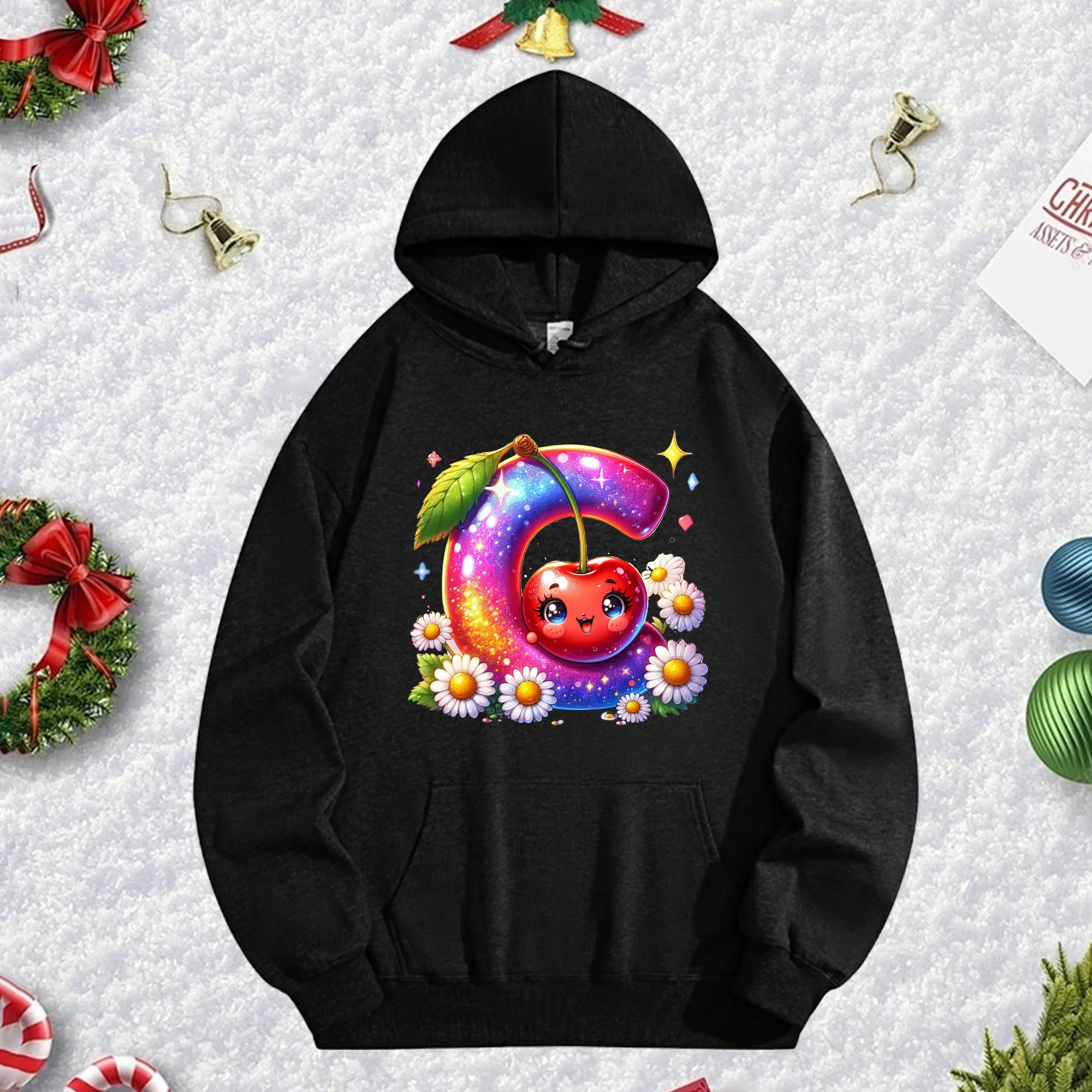 

Черная толстовка унисекс с фруктовыми буквами C 270 г, уютный флисовый пуловер для зимы, рождественского и новогоднего праздничного наряда