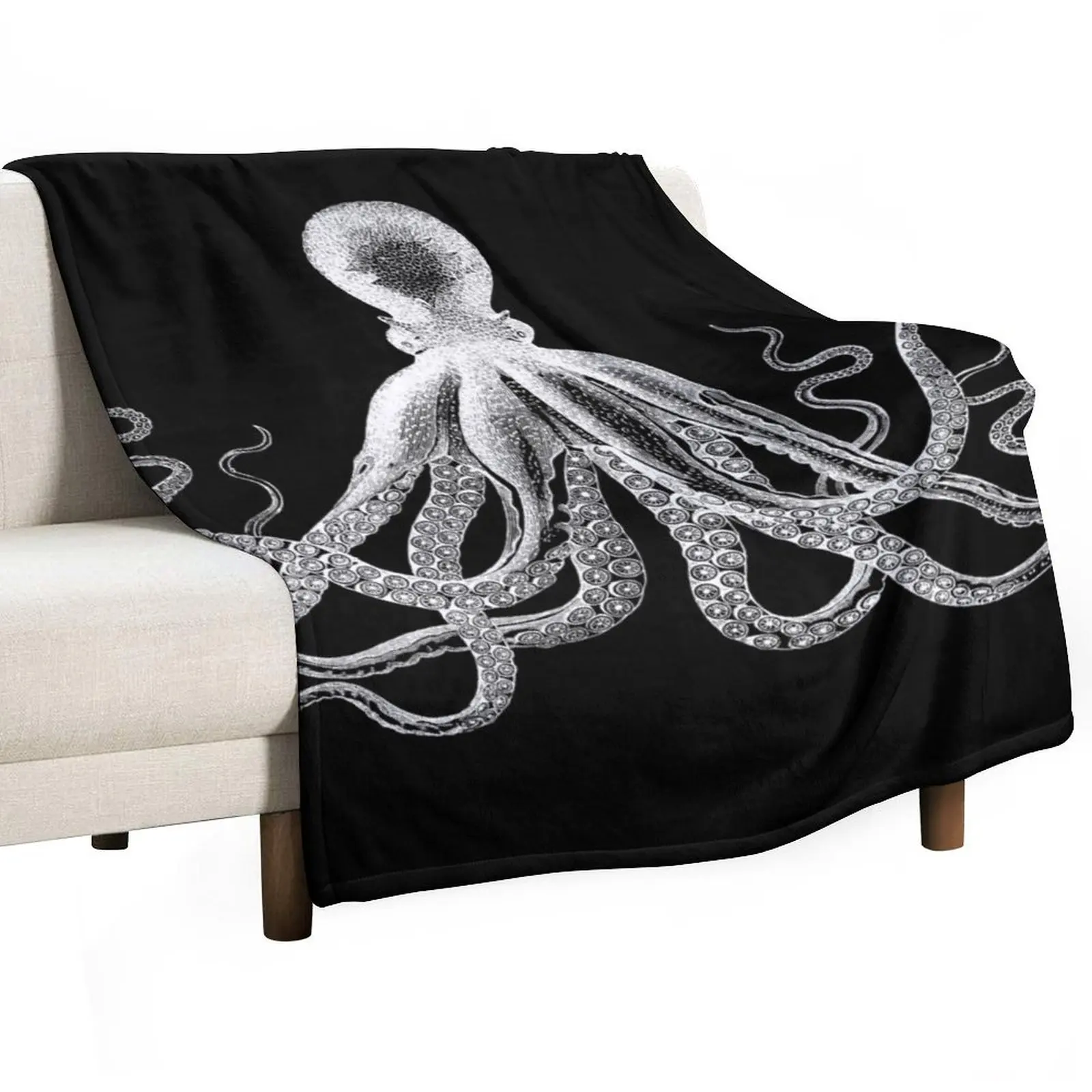 

Octopus Vintage Octopus Tentacles Sea Creatures Nautical Ocean Sea Beach Black and White Throw Blanket