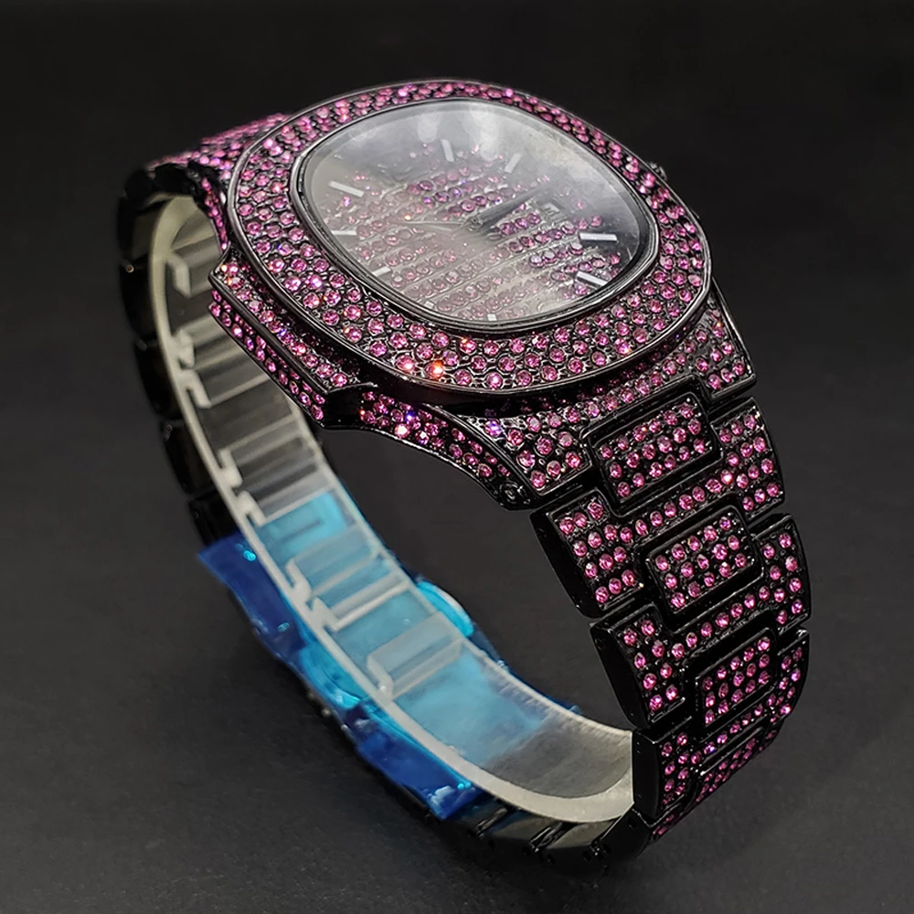 New Pink Diamond Hip Hop Watch For Men Fashion Ice Out Party Jewelry Wristwatch Luxury Shiny Gem Accessories Watches Trendy Gift