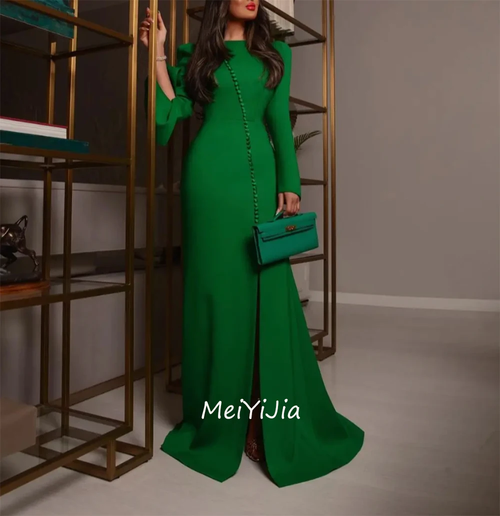 MeiYiJia Scoop Neckline Simple Floor-Length Long-Sleeves Button Saudi Arabia Sexy Evening Birthday Club Outfits Summer 2024