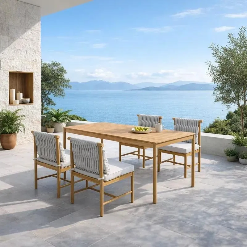 High-quality, durable teak modern outdoor dining table and chair set with wooden tables and chairs