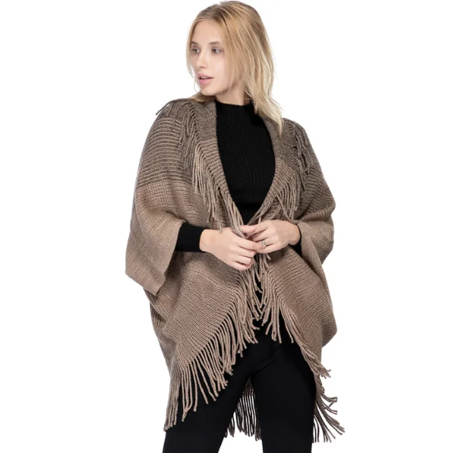 

Europe Spring Autumn Women's Imitation Cashmere Colored Silk Shawl New Warm Tassel Cloak Lady Fashion Cardigan Coat Coffee