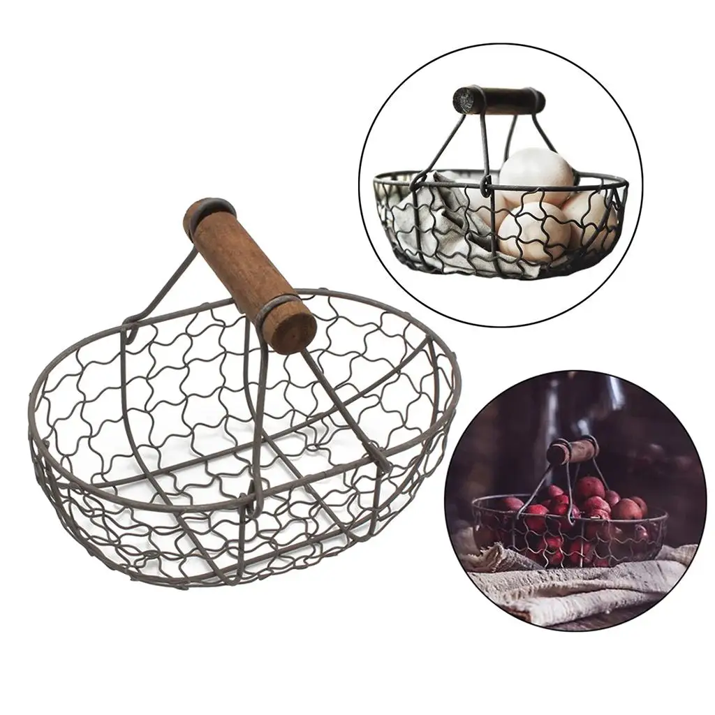 Wooden Handle Metal Retro Basket Portable Vegetable Fruit Egg Storage Basket