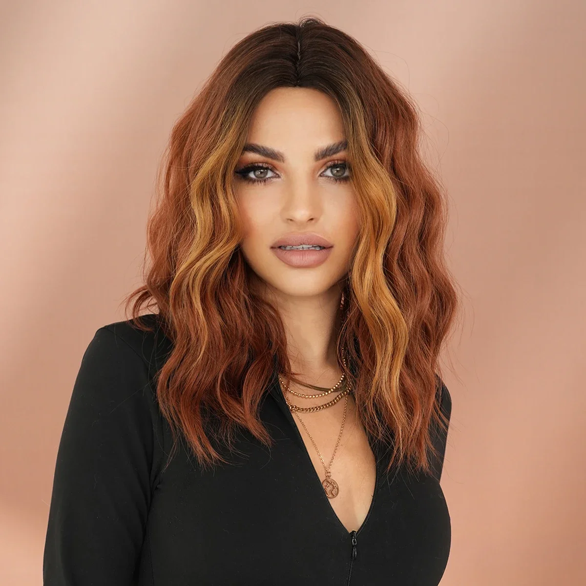 NAMM Shoulder Length Middle Wavy Copper Wigs for Woman Daily Party Hair Bob Wig Dark Root Highlight Blonde Natural Synthetic Wig