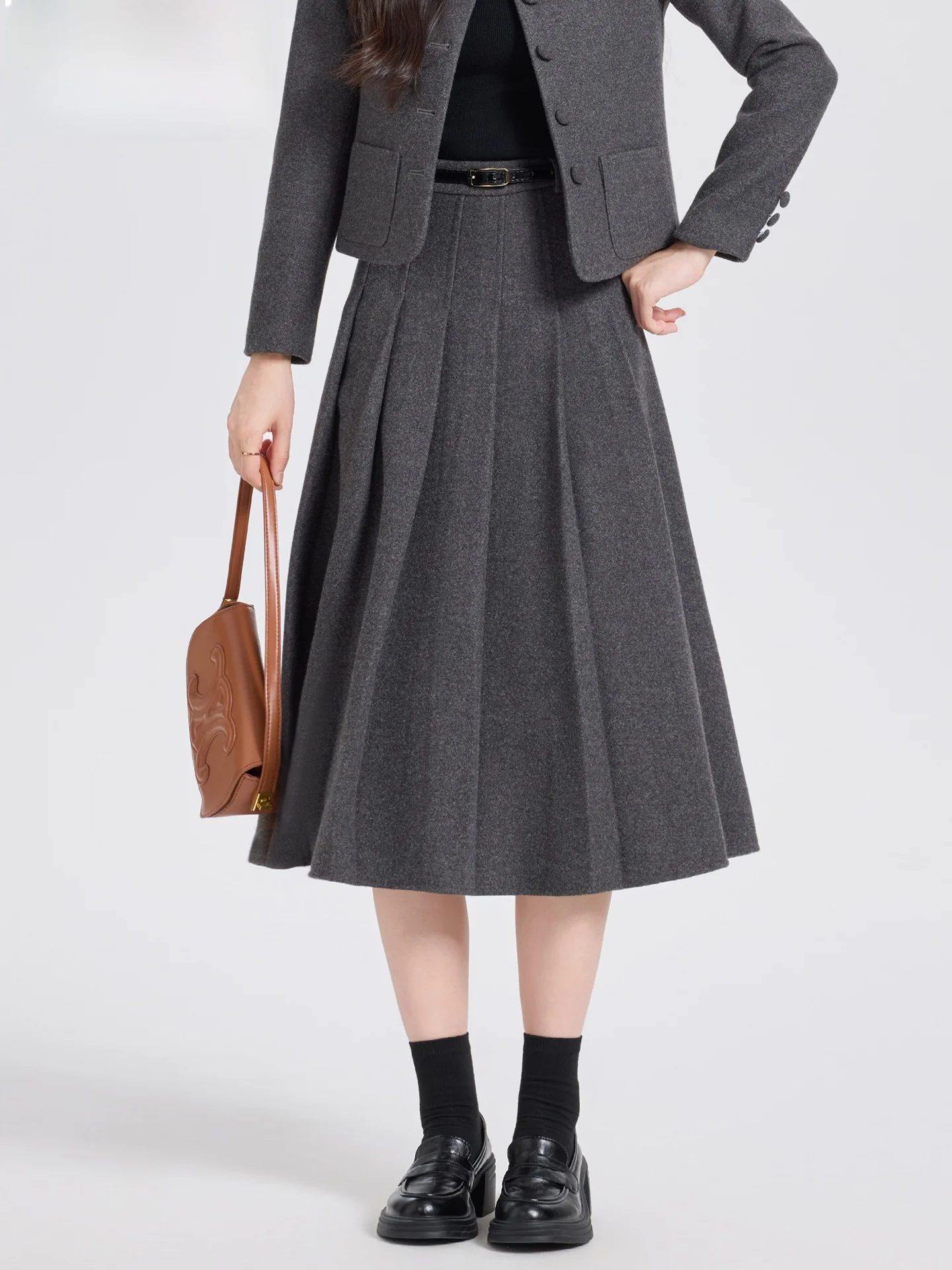 

Winter New Women's Woolen Skirt Set High Waist A-Line Midi Plaid Warmth Inner Thickened Polyester Fiber Bicolored Skirt
