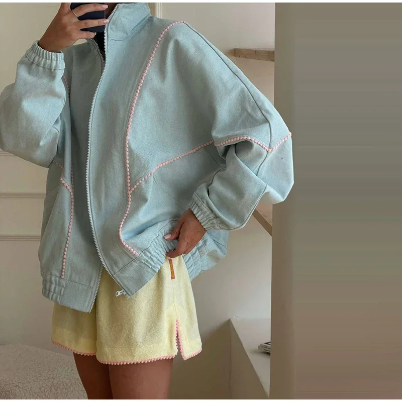 Y2K Damenjacken Mantel mit Streifenbesatz Stehkragen Reißverschluss Oversize Windbreaker Locker Sitzende Streetwear Sportjacke Oberbekleidung Outfit – Detail 10
