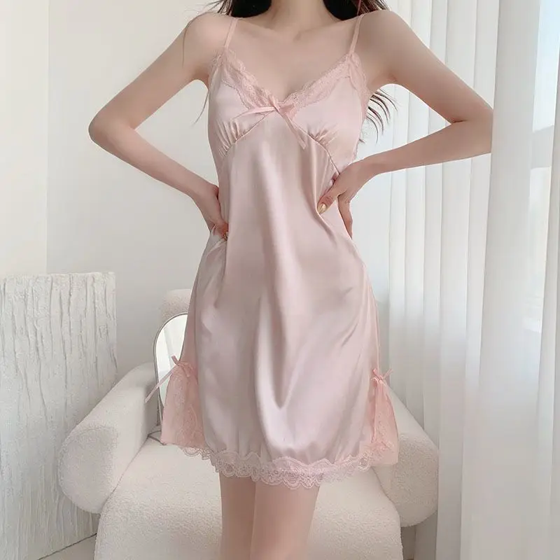 Sexy Spitzen-Nachthemd für Damen im Prinzessinnen-Stil, Satin, einfarbig, mit Schleifenverzierung, Spaghettiträger-Kleid, atmungsaktiver Stoff, Sommer-Schlafkleid, bequem – Detail 14