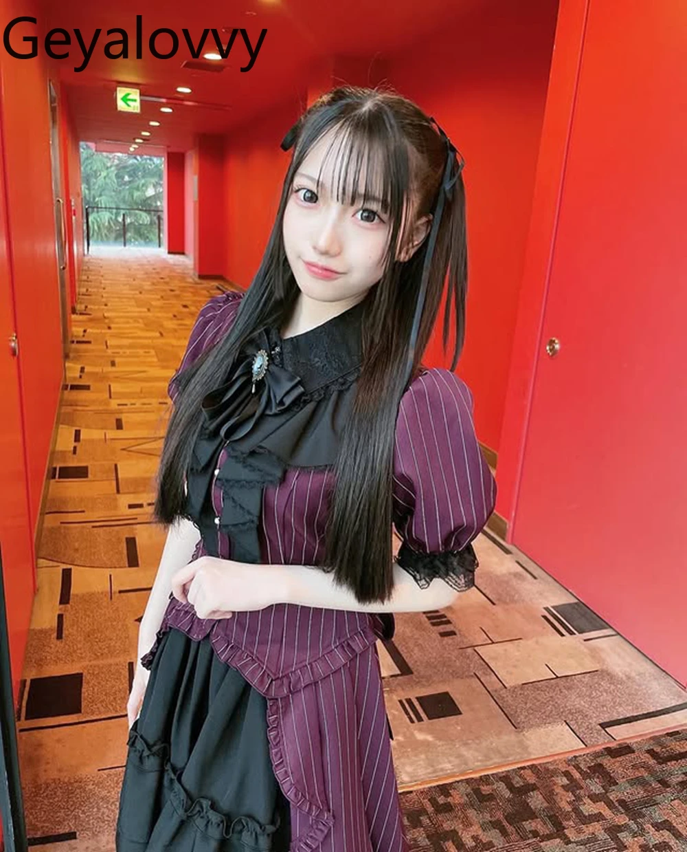 Japanese Gothic Retro Bow Lace Trim Ruffle Short Sleeve Dress Palace Style Striped Dresses and Base Short Skirt Two-Piece Set