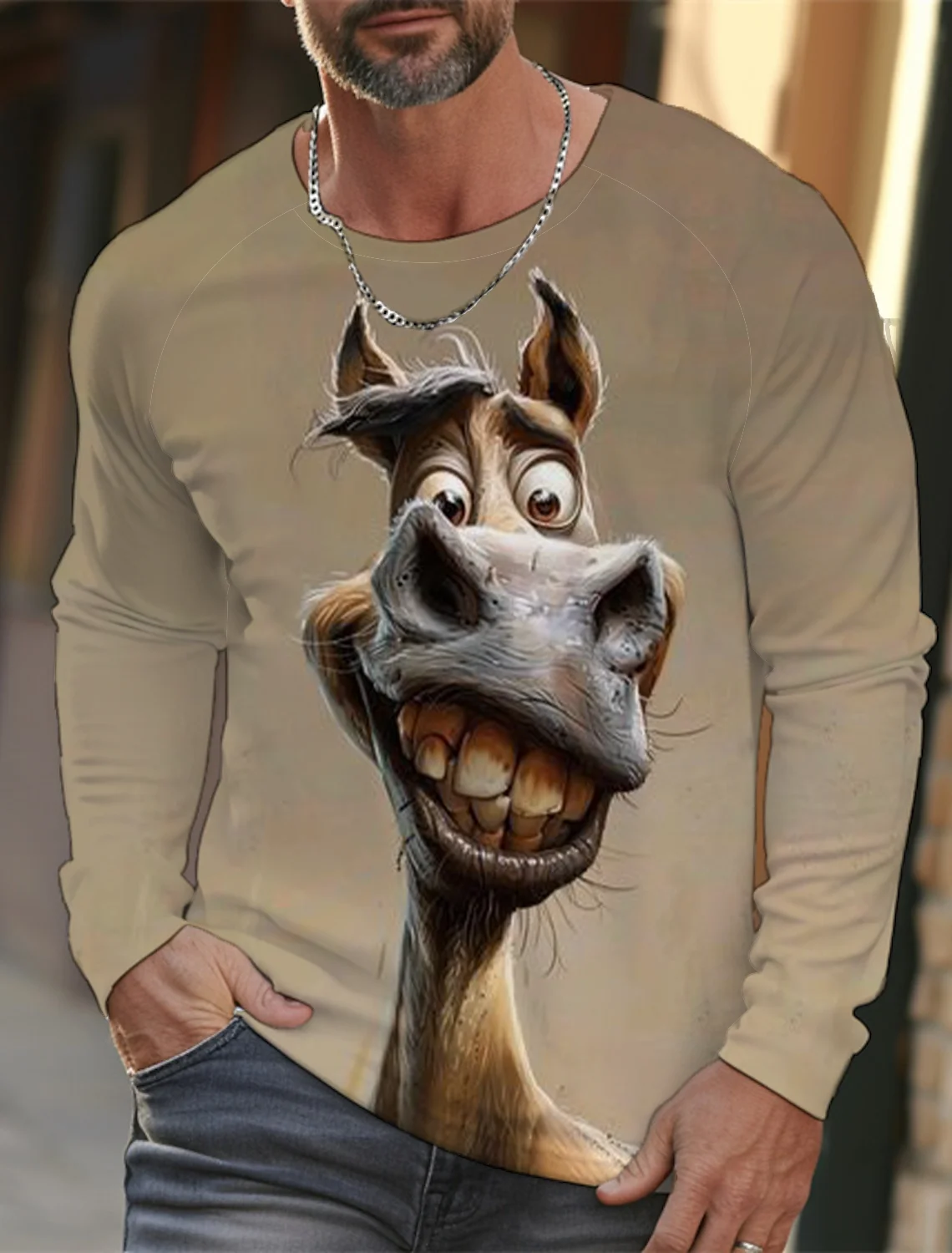 2024 Funny Animal Design Retro Men 3D Printing Street Casual Daily Gray Longsleeved Round Neck Shirt Spring And Autumn Clothing