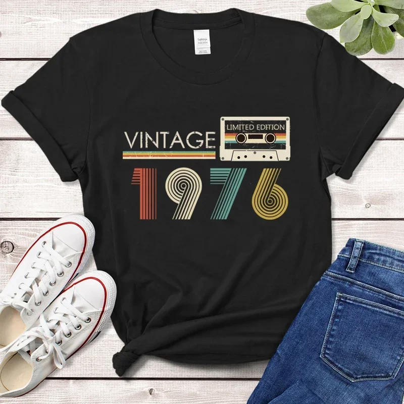 

2024 Harajuku 48th 48 Years Old Birthday Party Retro Tshirt Mother Wife Clothes Vintage Audio Tape 1976 Limited Edition T Shirt