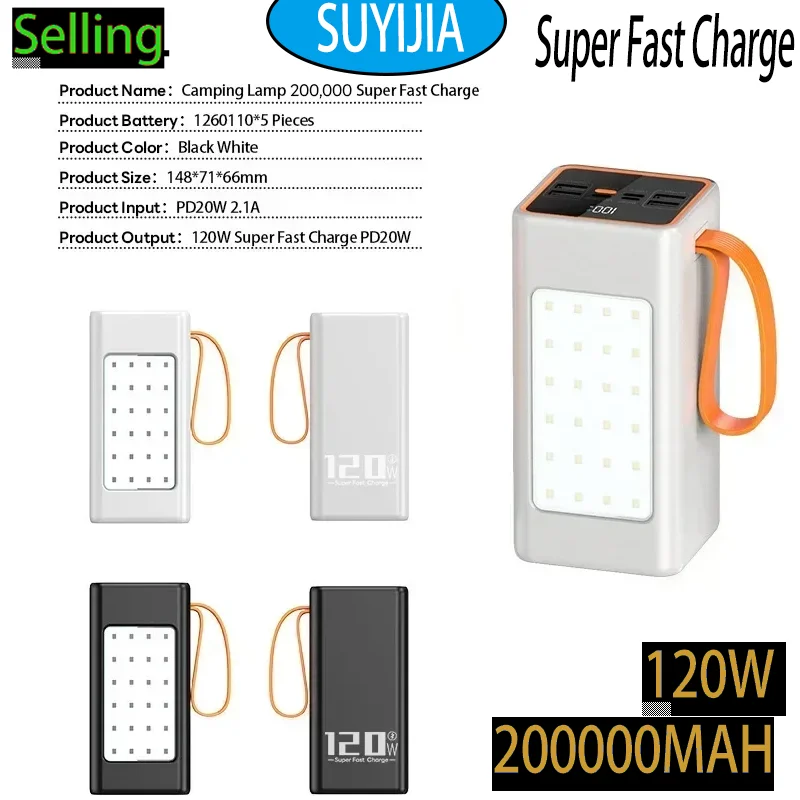 

Two-way Fast Charging 120W200000mAh Portable Charger Power Bank Fast Charging External Tito C for iPhone 14 13 W/LED Light