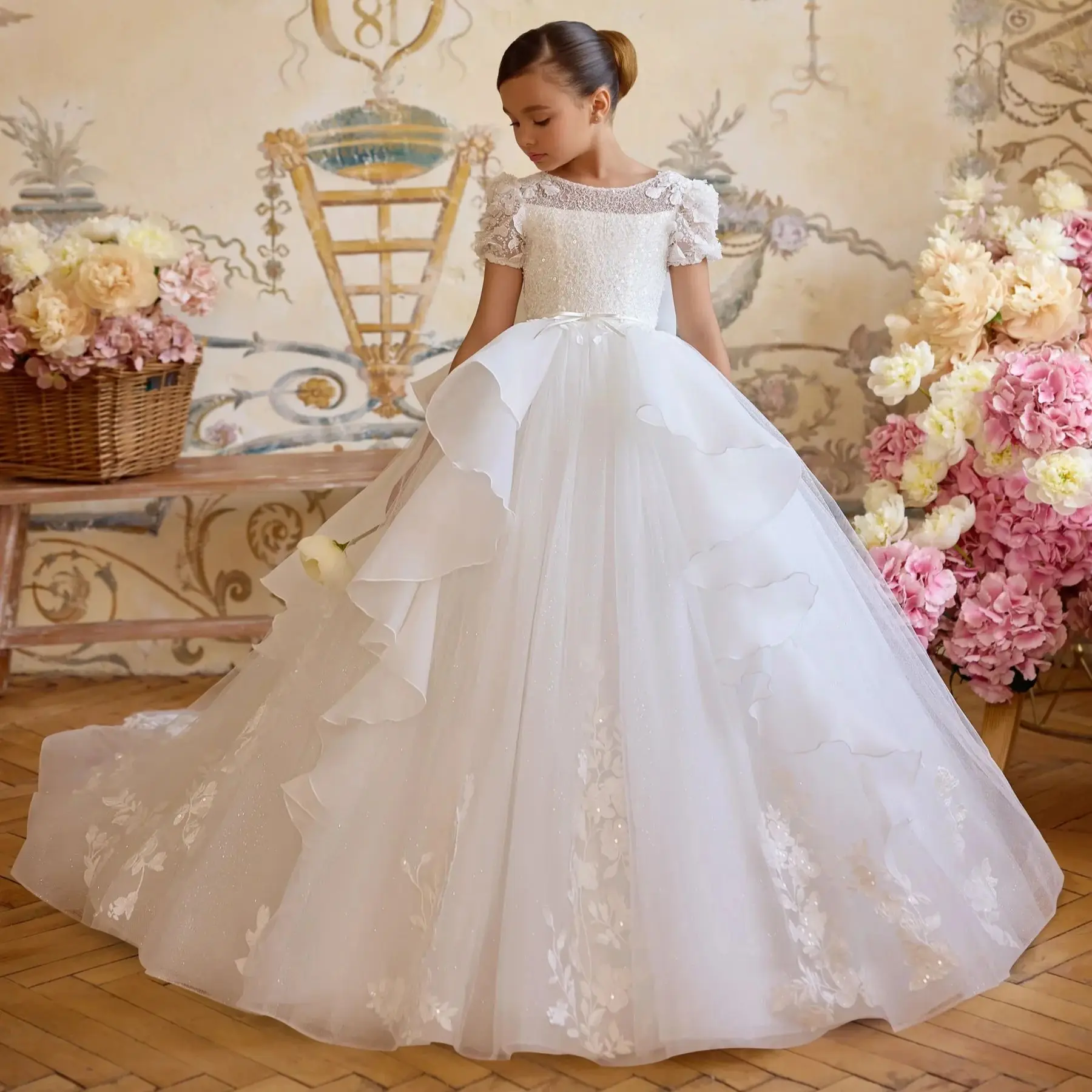 

White Lace Tulle Flower Girl's Dresses for Wedding Bow Appliqued Ruffles First Communion Dress Baby Girl's Birthday Party Gowns