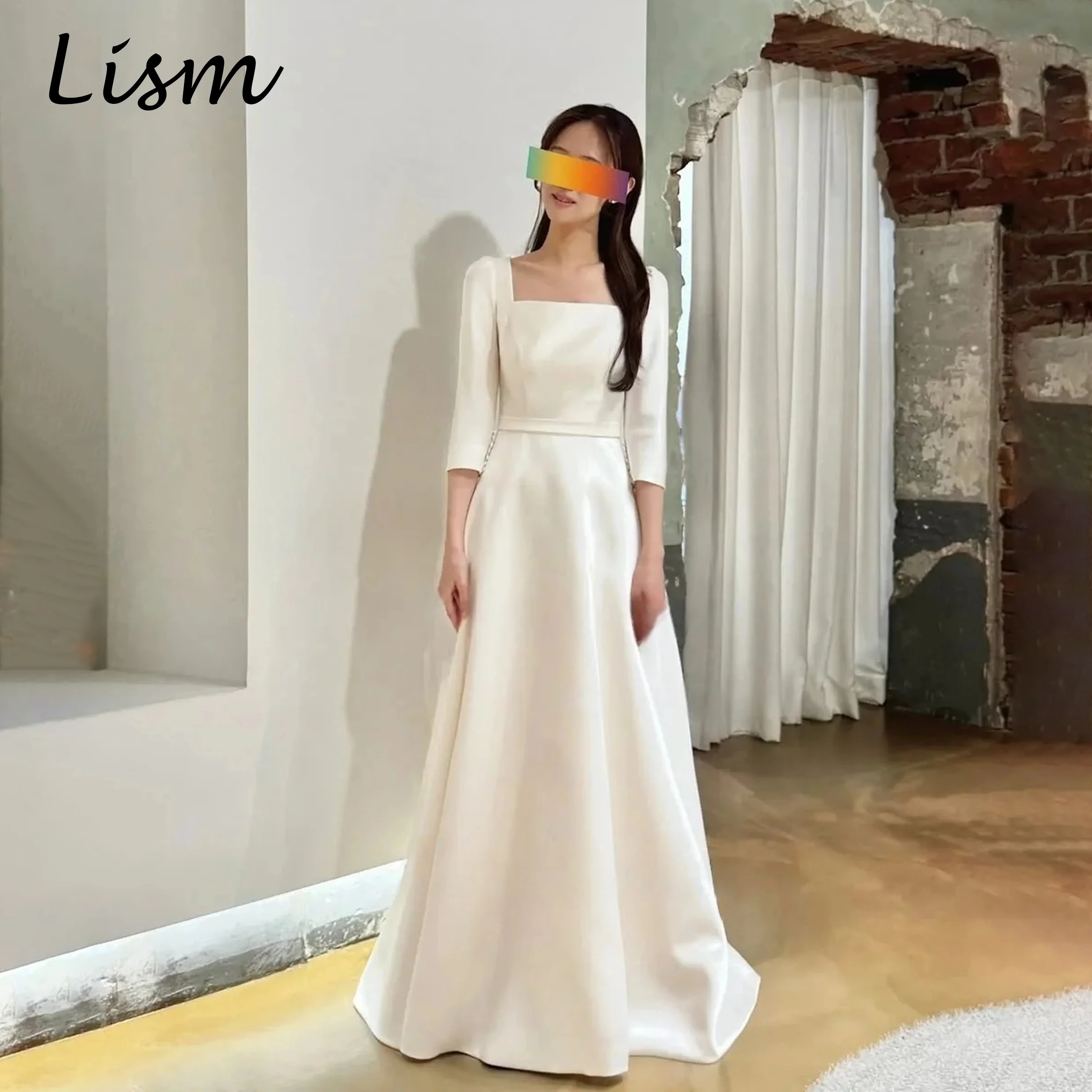 

Lism Graceful Half Sleeve Square Neck Korea Wedding Dresses Photos Shoot Customized Soft Satin A Line Floor Bridal Gown 웨딩드레스