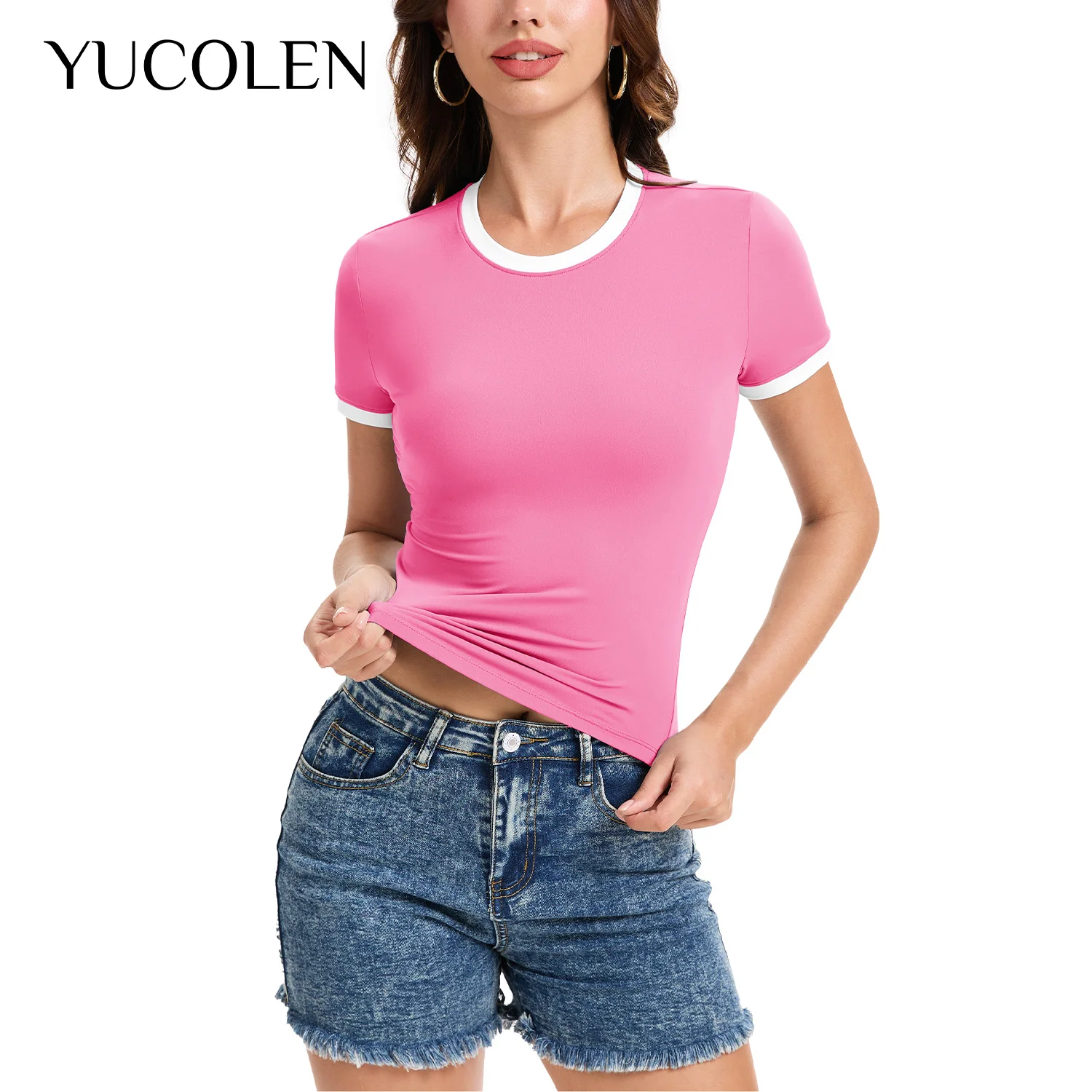 YUCOLEN Womens Y2K Ringer Crop Top Crew Neck Short Sleeve Contrast Trim Fitted Shirt High Stretch Soft Knit Bodycon Cropped Tee