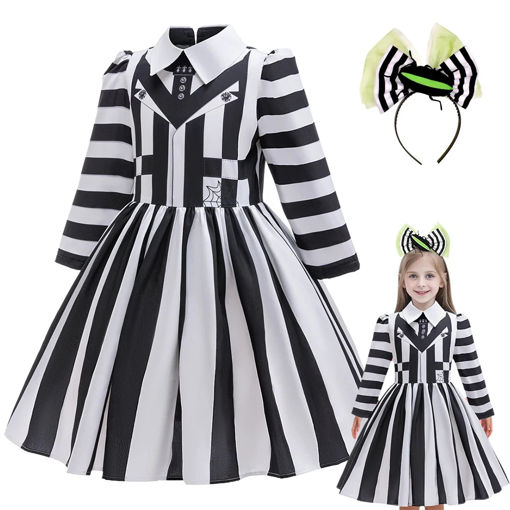 

Black And White Striped Formal Uniform Girls Party Dresses For Halloween Children Horrible Mage Cosplay Costume With Headband