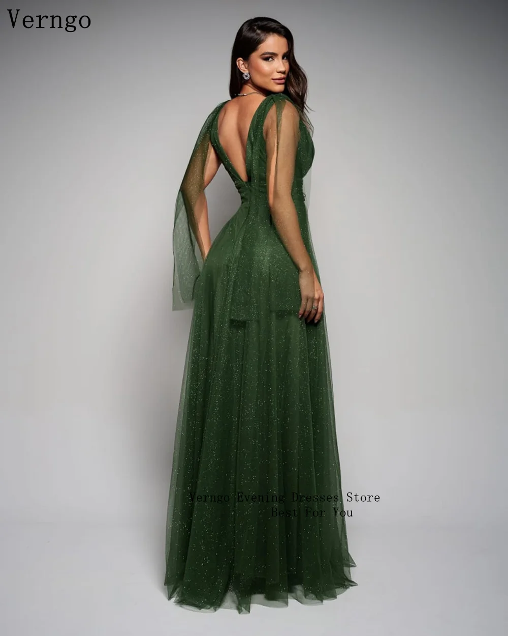 Verngo Green Tulle Prom Gowns Spaghetti Straps A Line Evening Dresses Deep V Neck Sleeves Zipper Back Party Dress