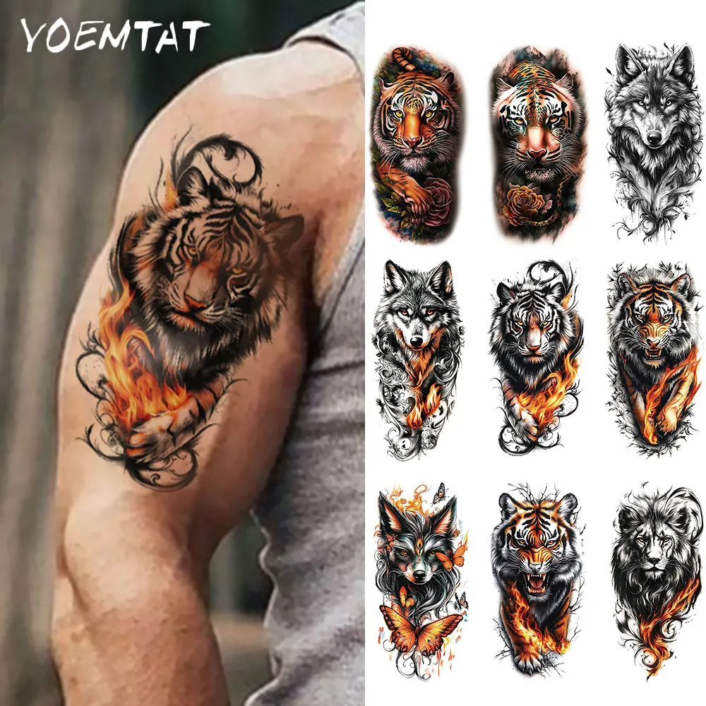 Waterproof Temporary Tattoo Sticker Lion Tiger Wolf Fox Animal Butterfly Rose Body Art Arm Fake Tattoos Sleeve Women Men Adults