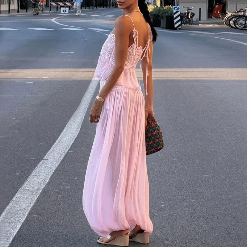 Women Lace Trim Spaghetti Strap Crop Tops & Pant Sets High Waist Harem Pants 2 Piece Outfits Bohemian Beach Vacation Solid Suits