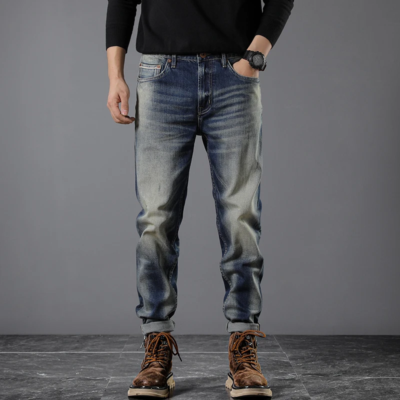 

American Vintage Casual Heavyweight Selvedge Denim Jeans Autumn Men's Stretch Pants with Distressed Wash Slim Fit Straight