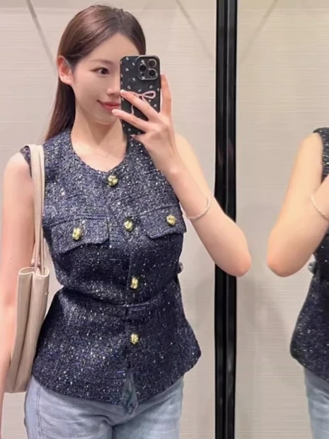 

Spring Summer 2025 New Arrival Women's Faion Texture Vest Belted Metal Bule High-End Sensation Commute Sle Polyester Fiber