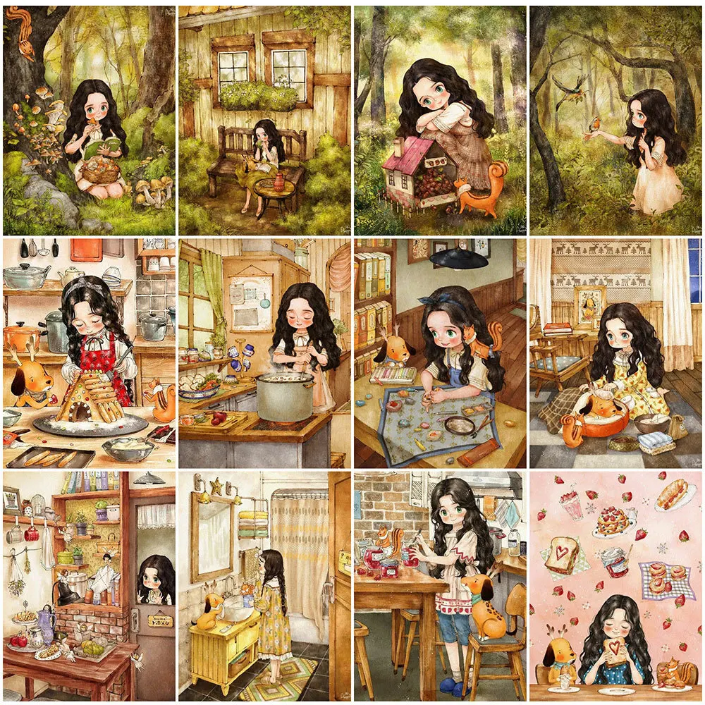

HUACAN 5D Full Drill Square Diamond Embroidery Cartoon Diamond Embroidery Portrait Girl Diamond Mosaic Needlework Wall Art