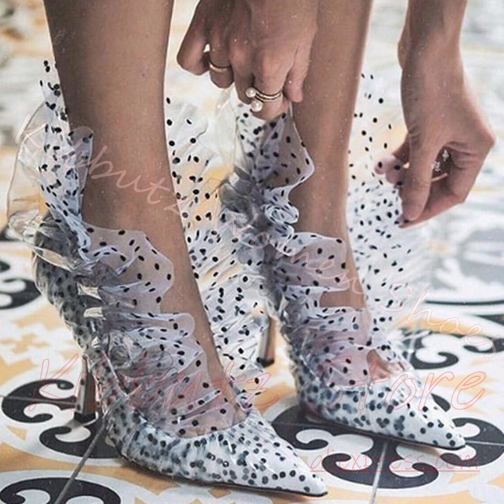 Sheer Ruffle Pumps Polka Dot Transparent Pointed Toe Stiletto Evening Club Women Shoes Leather Mixed Color Slip-On Fashion Sexy