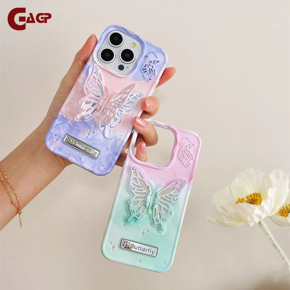 Cubic Butterfly Bracket Gradient Case for iPhone 15 Pro Max 11 12 13 14 15 Pro Max Fashion Stand Shockproof Cover iphone 11 Case