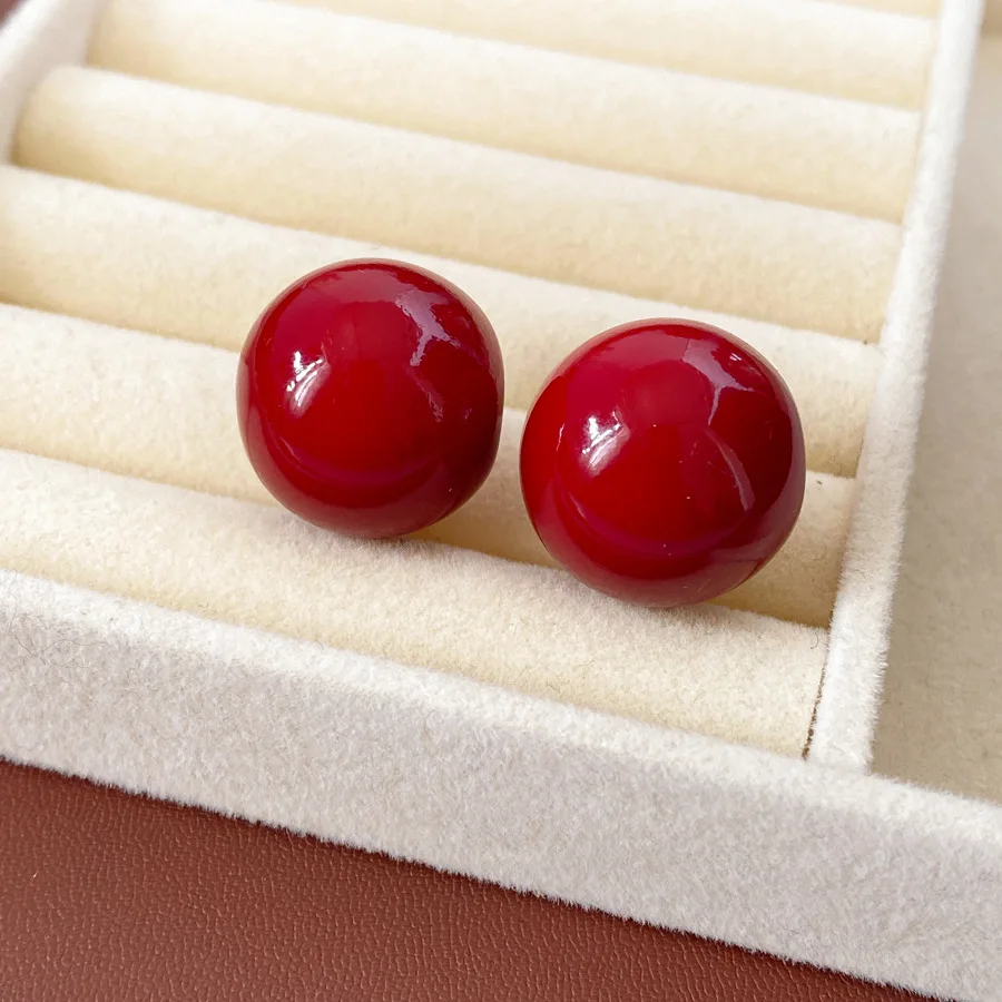 DOO MEI Vintage Glossy Red Round Ball Stud Earrings for Women Solid Color Ear Stud Retro Daily Party Ear Jewelry Gifts