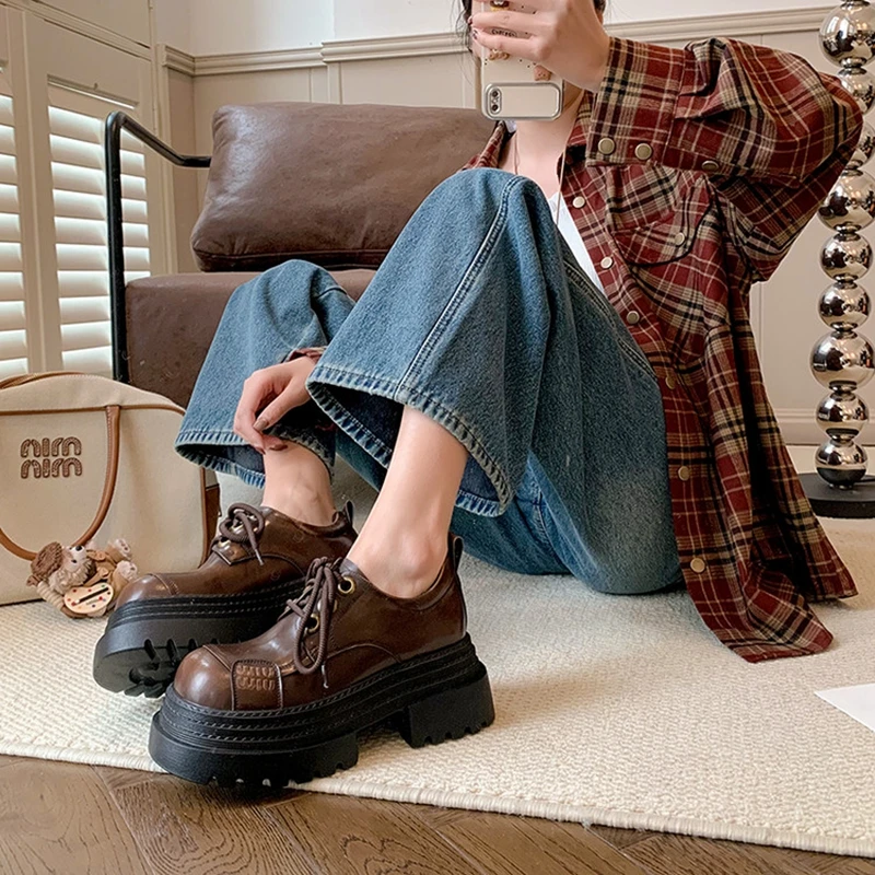 

Women's new leather cowhide round toe high-heeled lace up college style single shoe with thick sole retro casual shoes