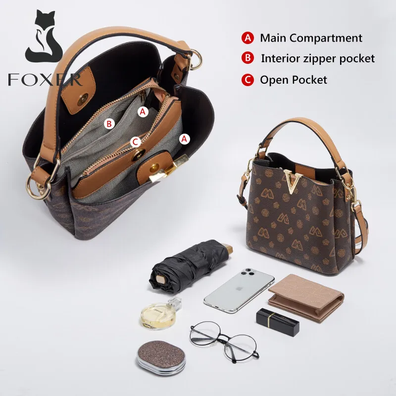 FOXER Brand Women PU Leather Satchels Messenger Bag Lady PVC Bucket Design Handbag Female Fashion Dating Shoulder Crossbody Bags