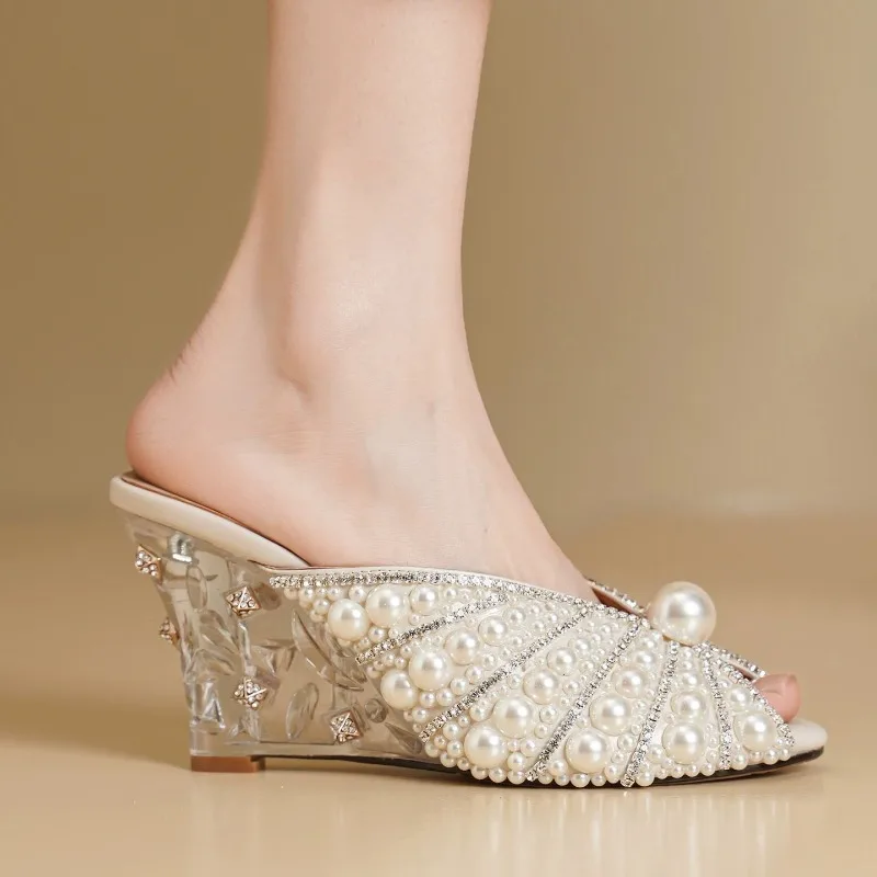Women's Wear Heightened Wedge Slippers Wear Fairy Wind Pearl Rhinestone Wedge Fish Mouth Sandals