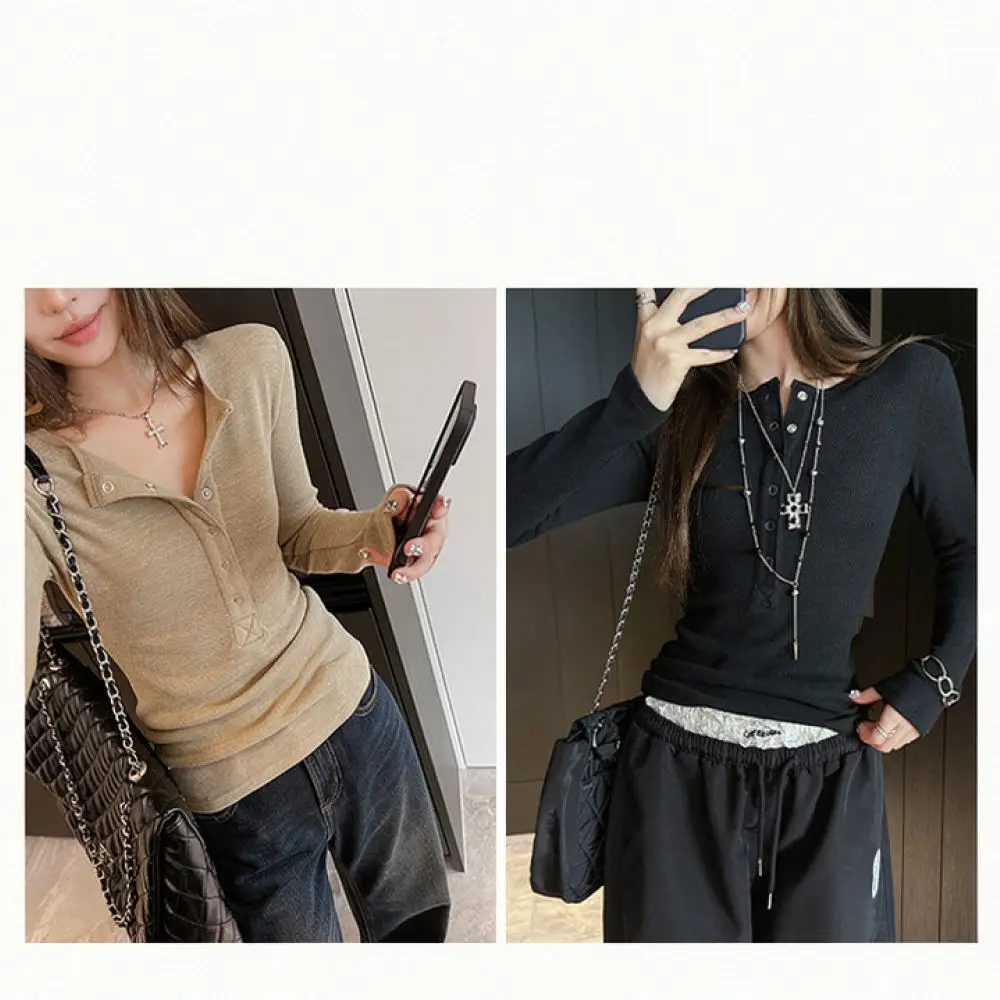 Fashion Women Long Sleeve T Shirt Slim Fit Crew Neck Pullover Button Decor Soft Solid Color Casual Daily Autumn Top