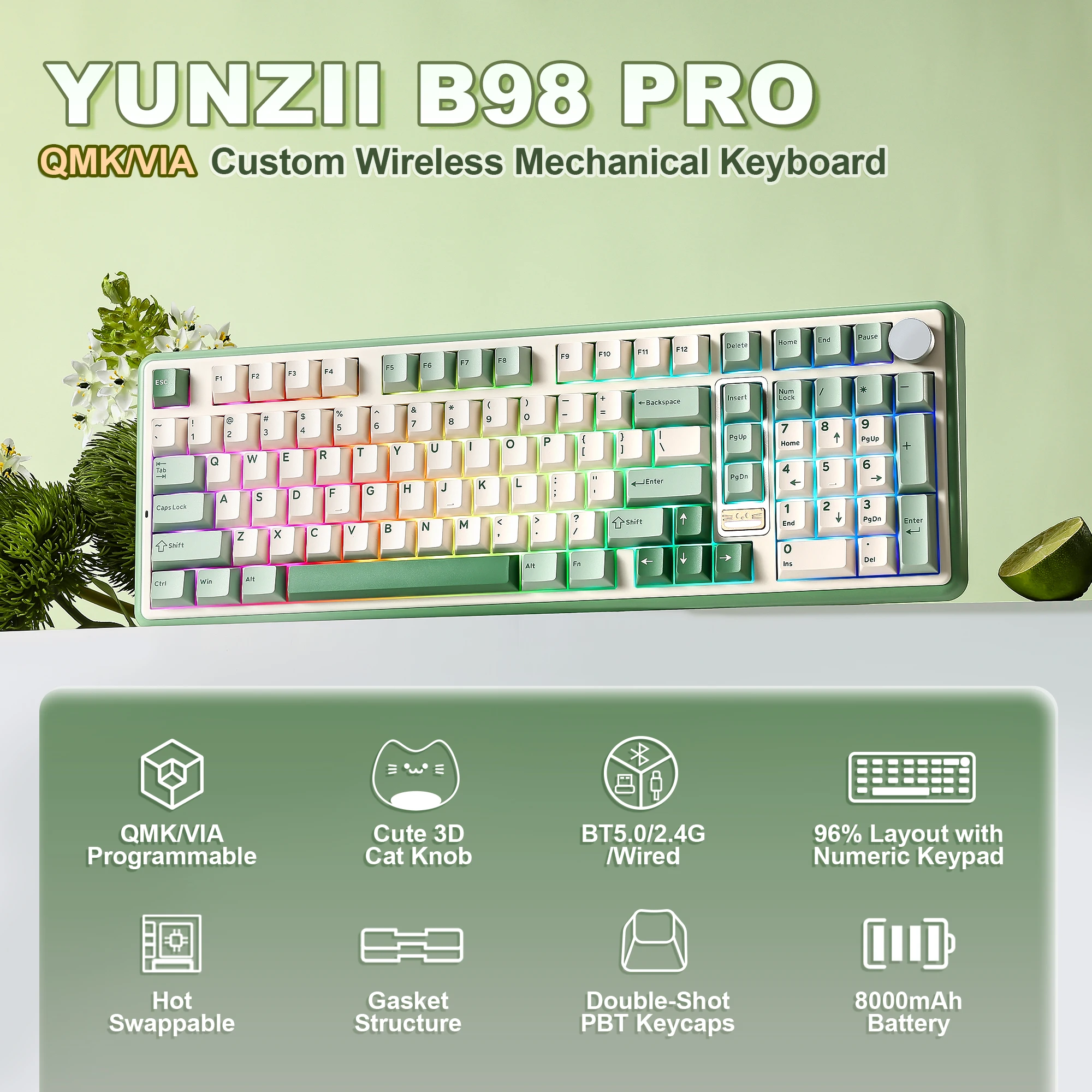 YUNZII B98 PRO QMK/VIA Wireless Mechanical Keyboard, 96% Layout Custom Gaming Keyboard, Hot-Swap Gasket RGB Keyboard for Win/Mac