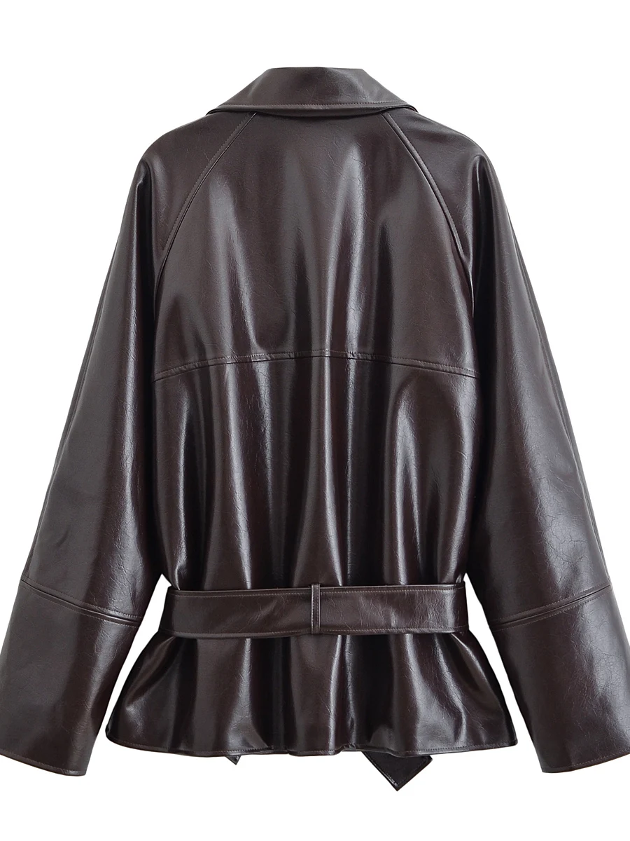 Gola com cinto brilhante com botão de fileira dupla Couro PU Jaet Casaco feminino Faion Casaco de motociclista moderno longo Sve Regula...