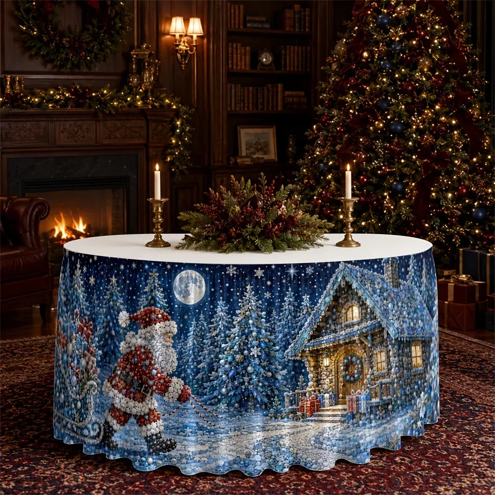 Tablecloth Winter Wonderland Snowy Cabin Santa Claus Sleigh Comfortable Festival Night Christmas Celebrationxzj
