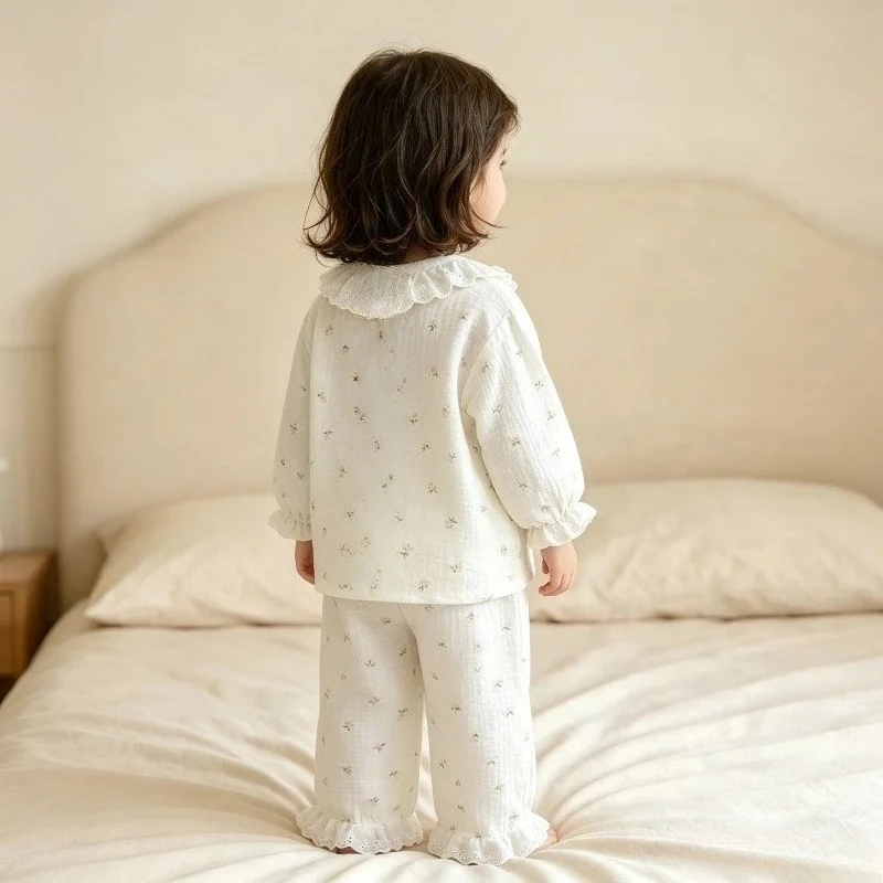 Neue süße Mädchen-Pyjamas mit Blumenmuster, 2-teiliges Set für Kleinkinder, Homewear für Mädchen, dünne Frühlings- und Herbst-Spitzenoberteile mit langen Ärmeln + Hosenanzüge – Detail 10