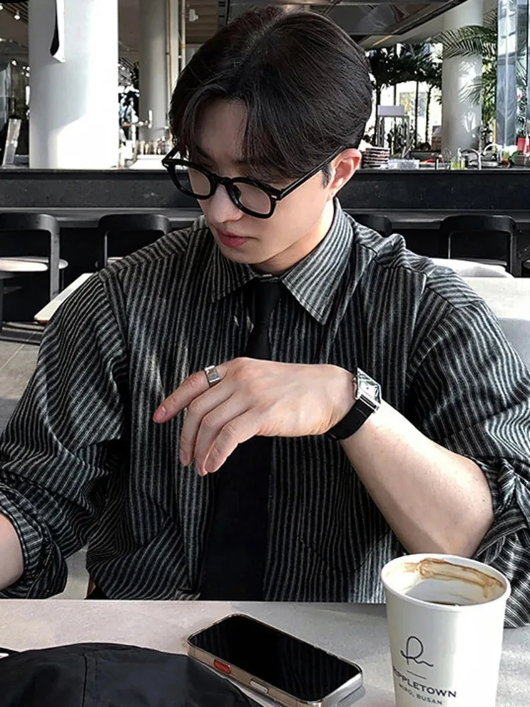 Men's Shirt Vintage Vertical Stripe Pattern Long Sleeve Blouse With Pocket Oversized Fit Casual Premium Cotton Top ATBE