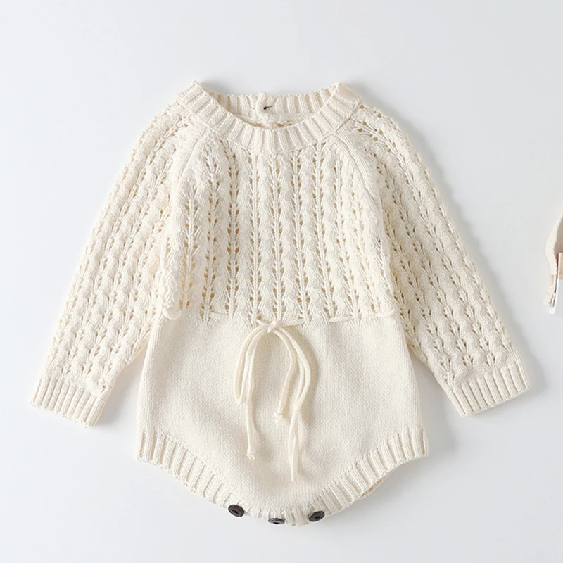 

2025 New Autumn 0-24M Newborn Baby Girls Knitted Bodysuits Long Sleeved Solid Color Infant Baby Girls Knitted Jumpsuit