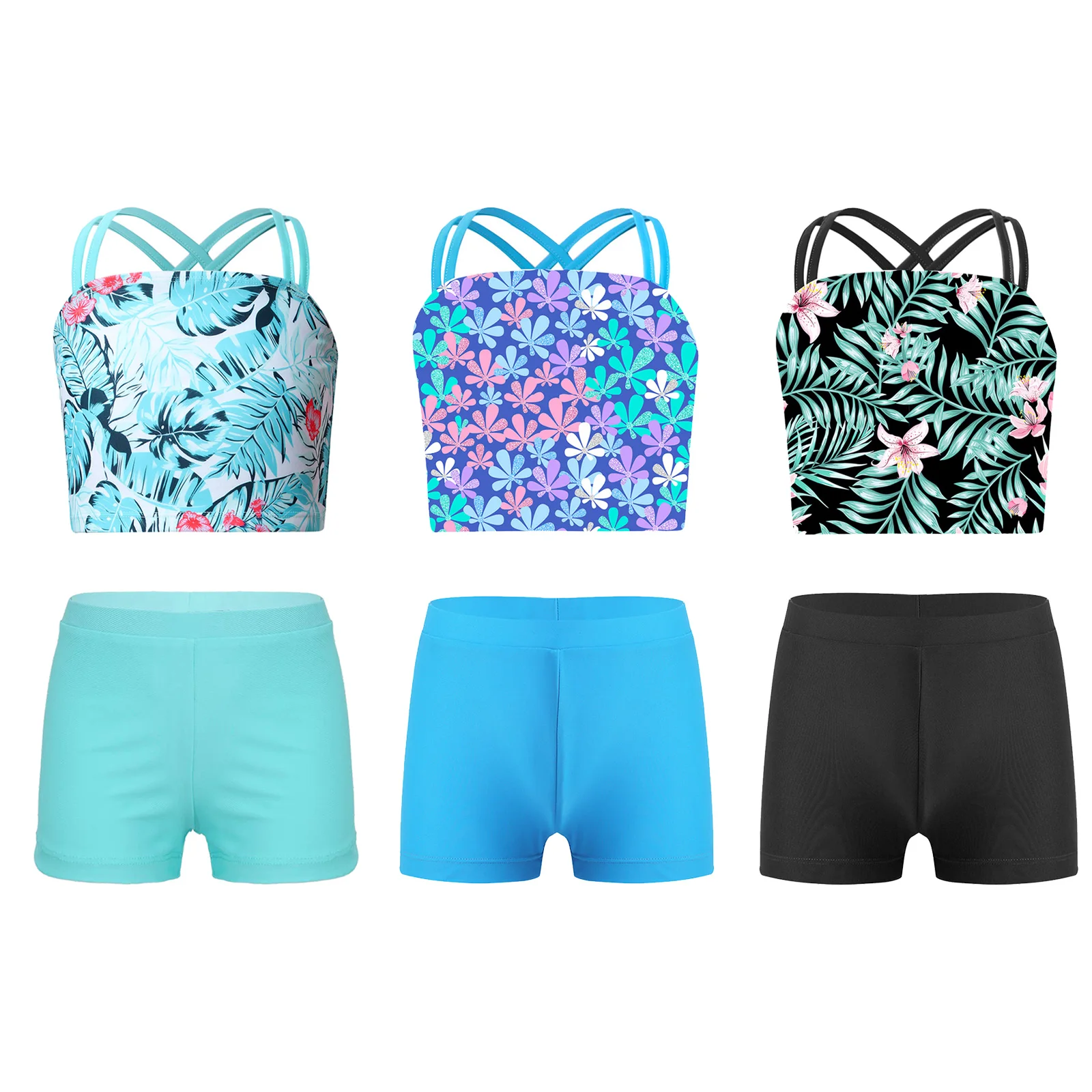 Children Swimsuits Kids Girls Swimwear Set Double Shoulder Straps Tank Top with Shorts for Beach Pool Swimming Bathing Suits