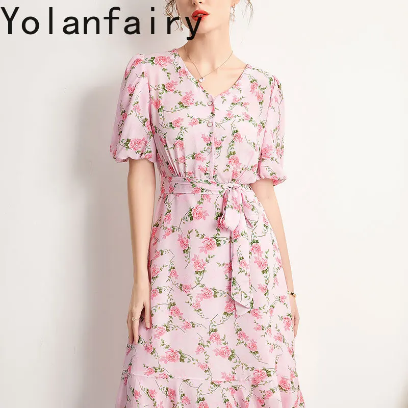 YOLANFAIRY 100%Real Mulberry Silk Dress Woman Elegant Summer Clothes V-neck Fashion Floral Pink Dress Lace-up Midi Fairy Dresses