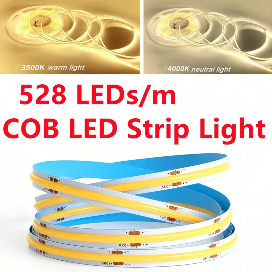 

DC12V 24V 528LEDs/m COB LED Strip Light 16.4ft High Density Flexible Tape Ribbon 3000 4000K 6000K RA90 Led Lights lighting