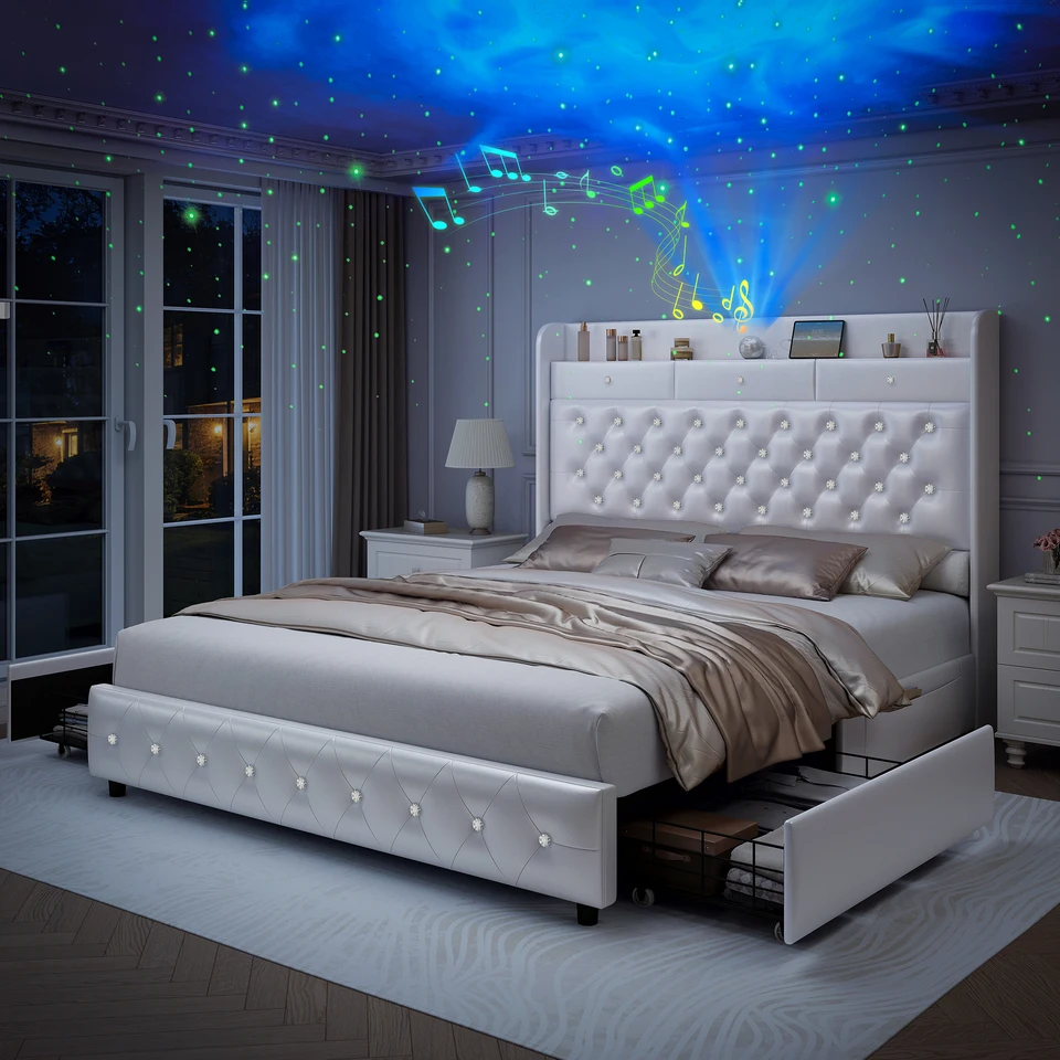 Double Bed Frame with Galaxy Projector and Drawers