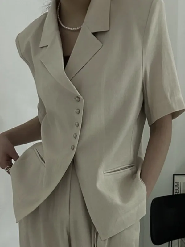 

Chic Retro Lapel Metal Single Button Ele Commute Simple Match ort Sve Suit Jaet Women's Faion Summer Busin Wear