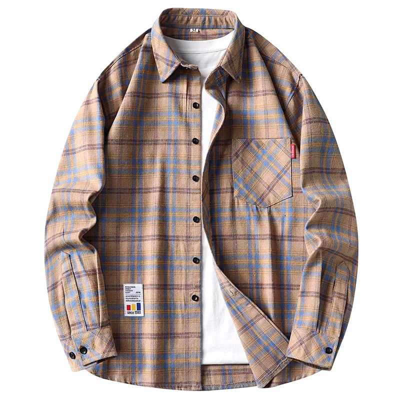 Daily Versatile Check Shirt Male Loose Silhouette Long Sleeve Pocket Tag Suitable for Travel Outdoor Leisure Occasions