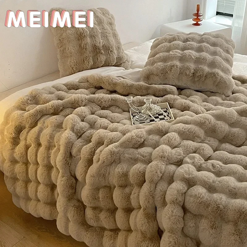 Imitatie Konijnenbont Pluche Deken Winter Warmte Comfortabele Dekens Bed Luxe Warme Sofa Cover Gooien Deken En Kussensloop