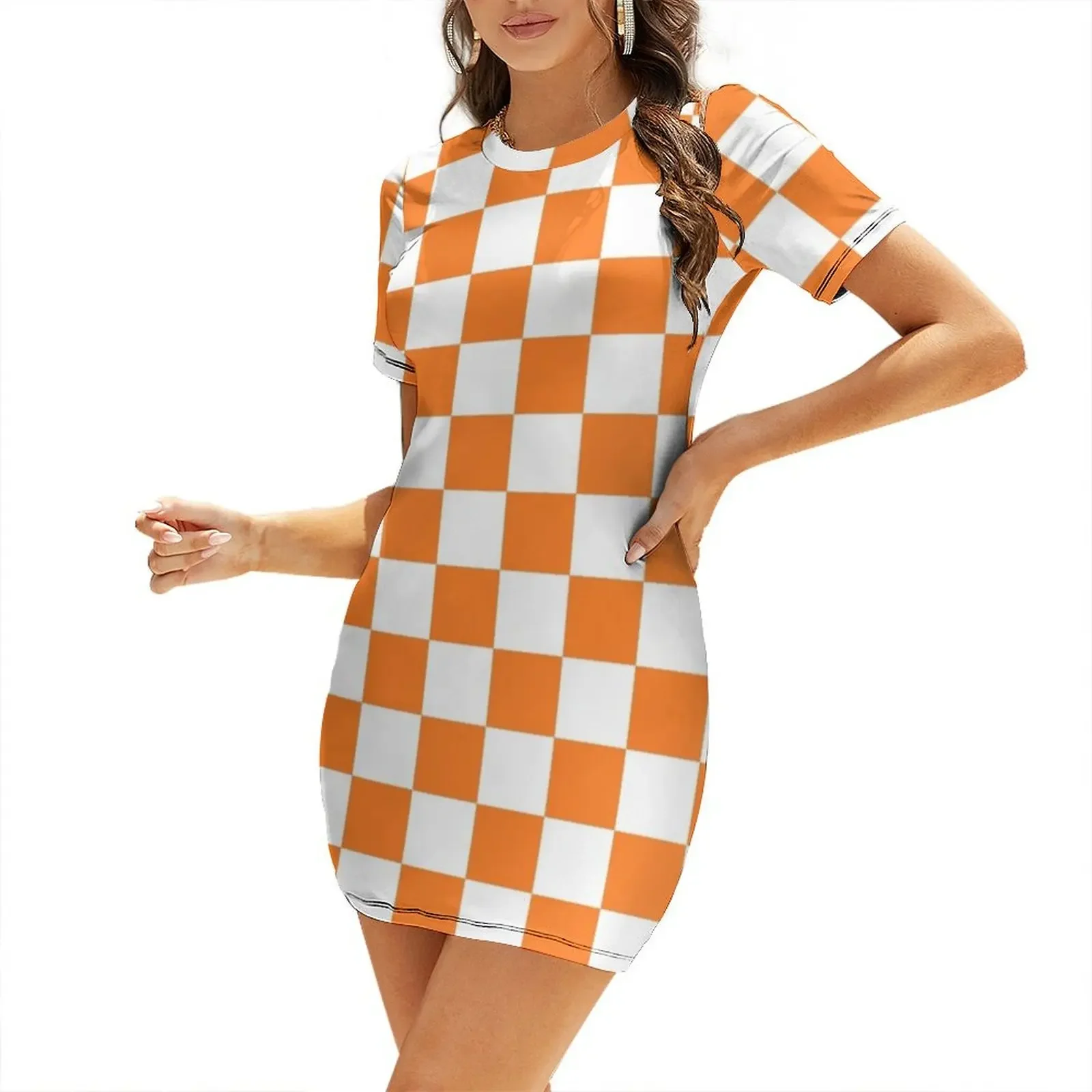 

Checkered Orange and White Short-Sleeved Dress women dresses dress party night dresses for women Cocktail of dresses Dress