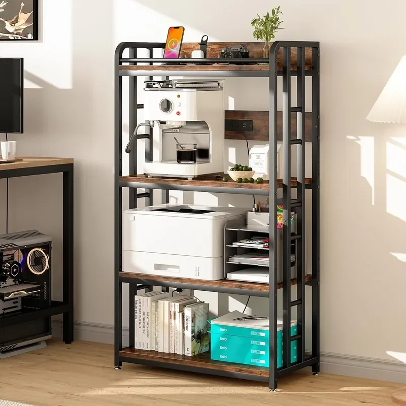 Microwave Stand with Storage 4 Tier Kitchen Bakers Rack with Power Outlet and USB Charging Ports Rolling Kitchen Cart with