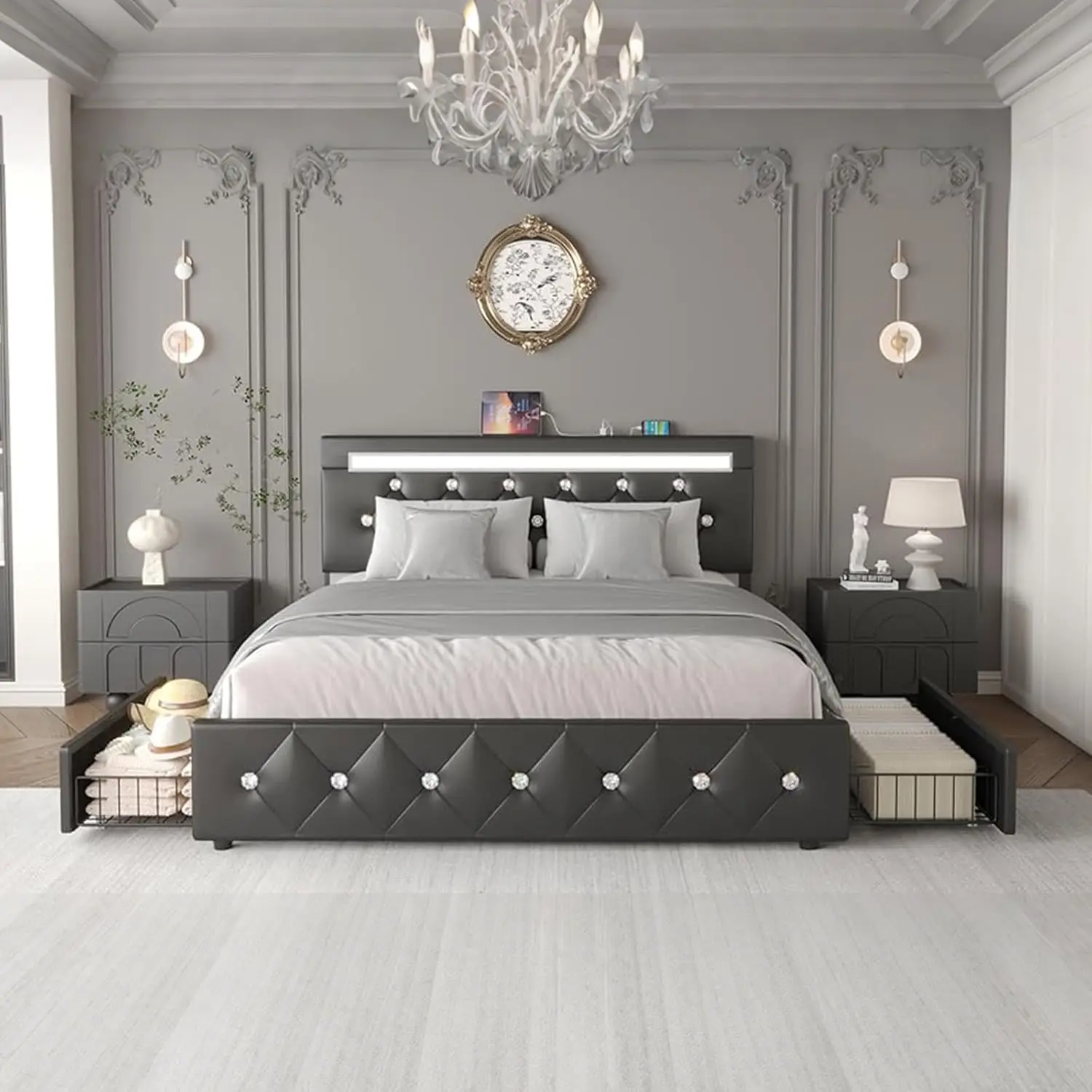 #￥Full Storage Bed Frame LED Light 2 Socket USB Port Adjustable PU Headboard Slats No Box Spring Black, Customized