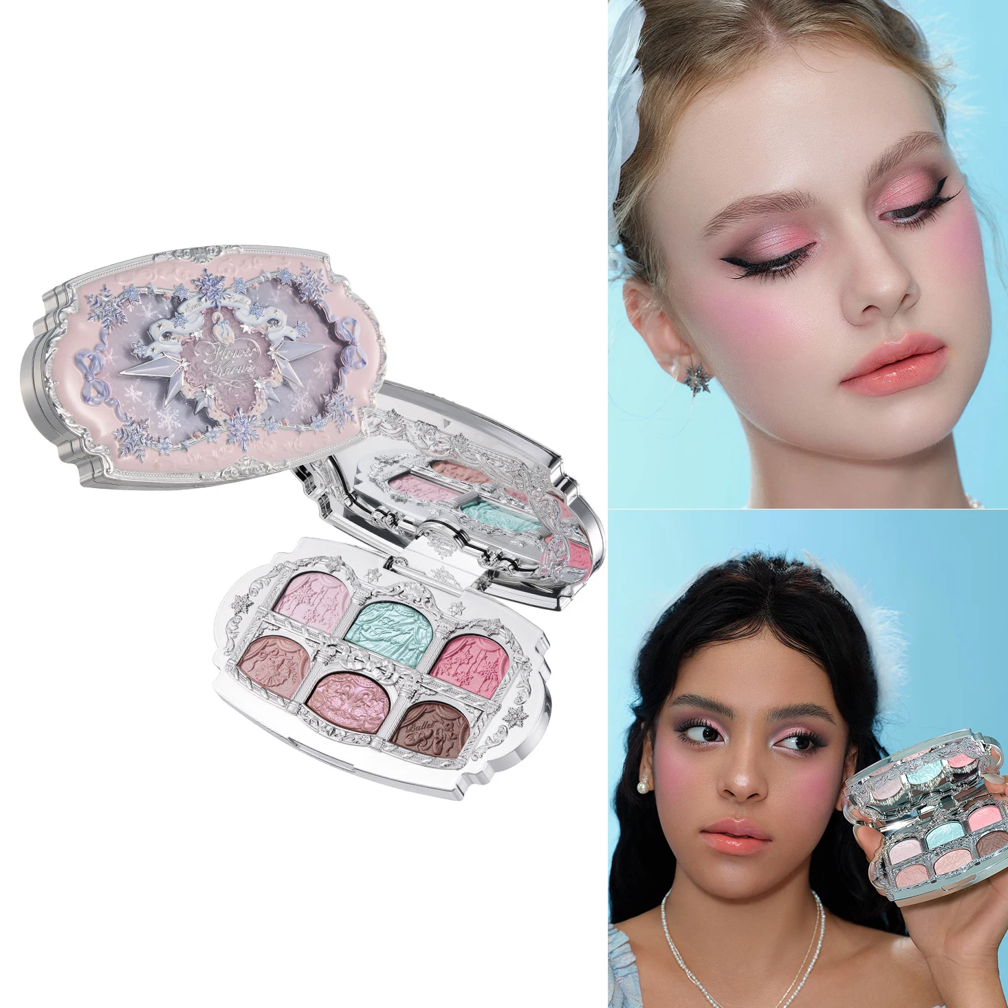Flower Knows Snow Ballet Satin Makeup Palette 6 Colors Silky Shimmer Eye Shadow - Long Lasting Soft Natural Look with Sparkle